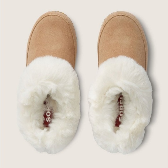 Sorel Women’s Go Coffee Run Slippers Tan Suede Leather Fur Slip On Shoes Nwt - Picture 4 of 16